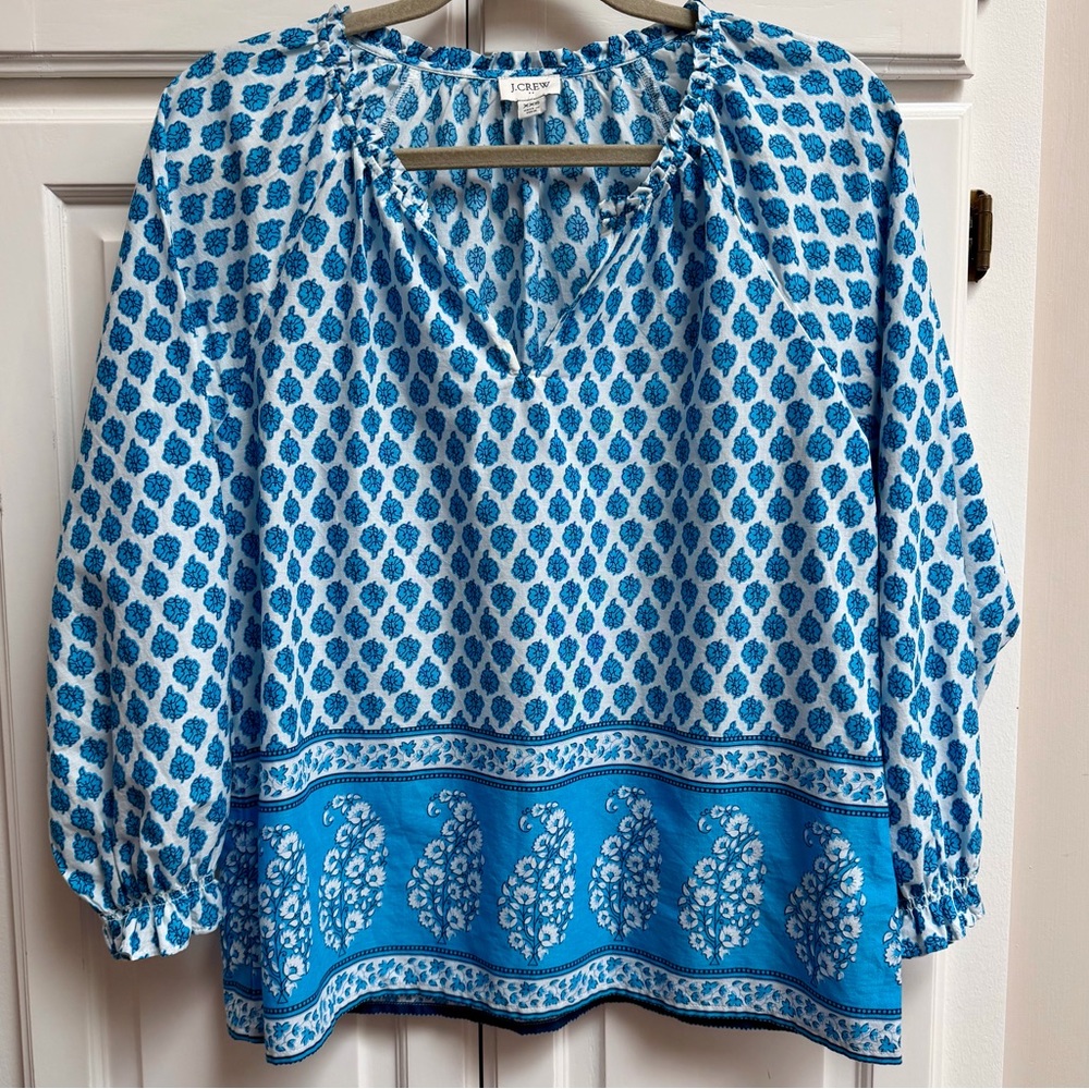 J. Crew Block Print Artist Top in Malibu Blue White Cotton Size XXS